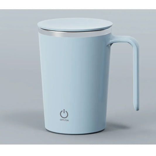 Light blue electric coffee mug with lid and side handle, modern design, power button visible