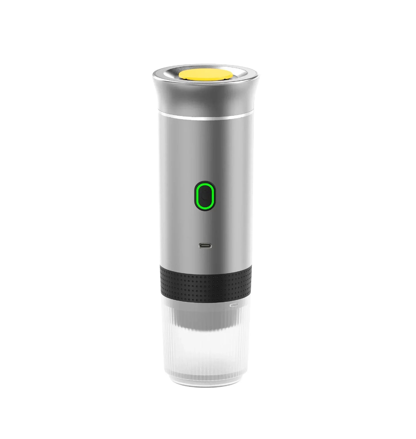 Silver portable espresso maker with green power button and transparent cup