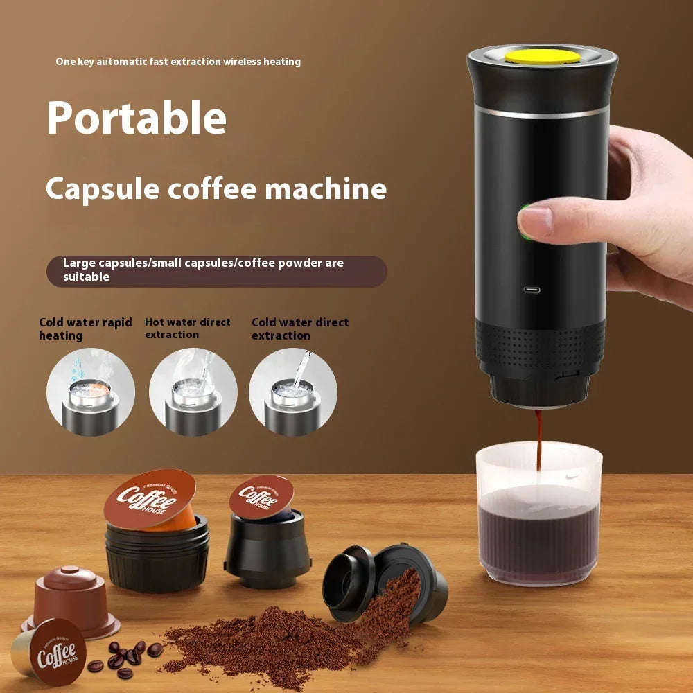 Portable capsule coffee machine brewing coffee into a cup, with coffee pods and ground coffee on a wooden table.
