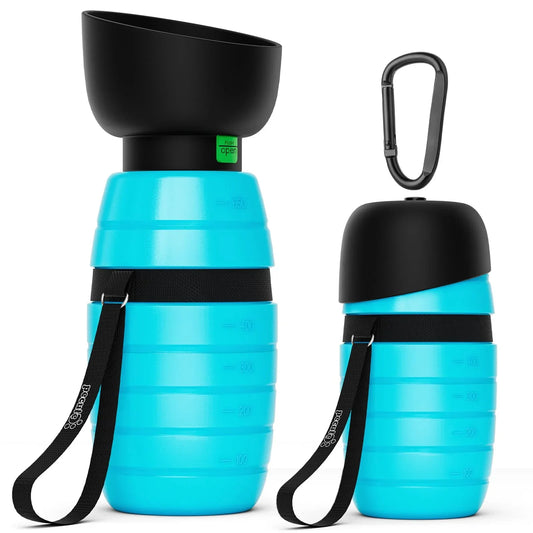 Collapsible blue travel coffee maker with black lid, strap, and carabiner clip, portable design