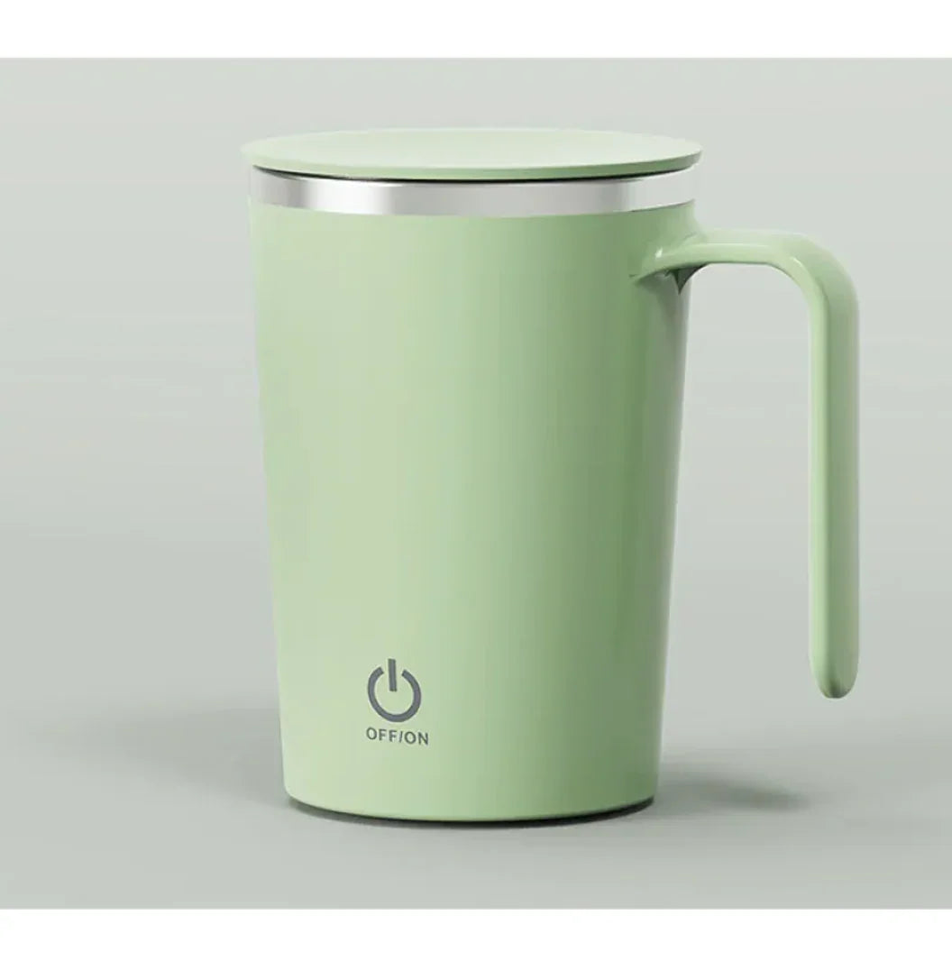 Sleek green electric coffee mug with lid and power button symbol on light background