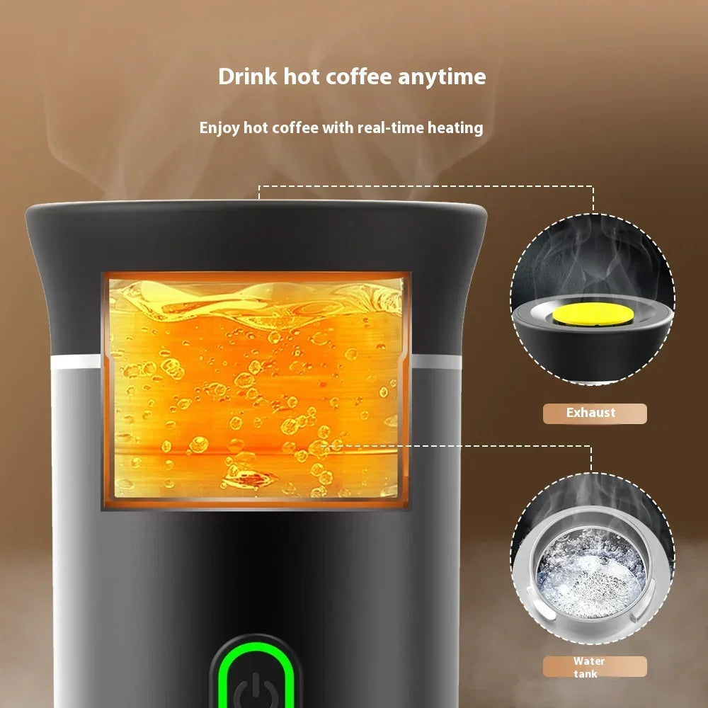 Portable espresso maker with real-time heating, showing steam, water tank, and exhaust features