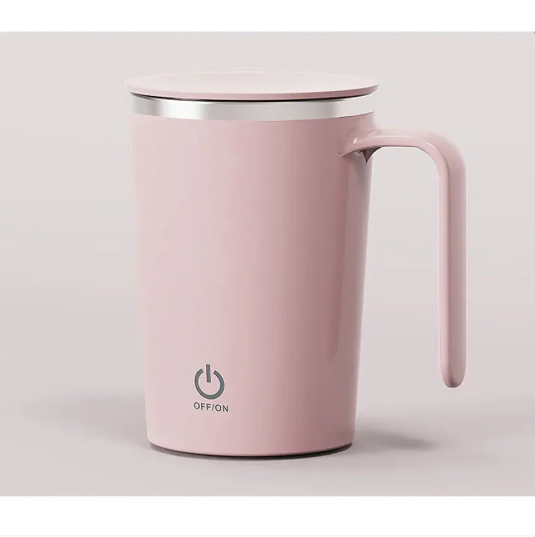Pink portable electric coffee mug with handle, power button symbol, and stainless steel lid