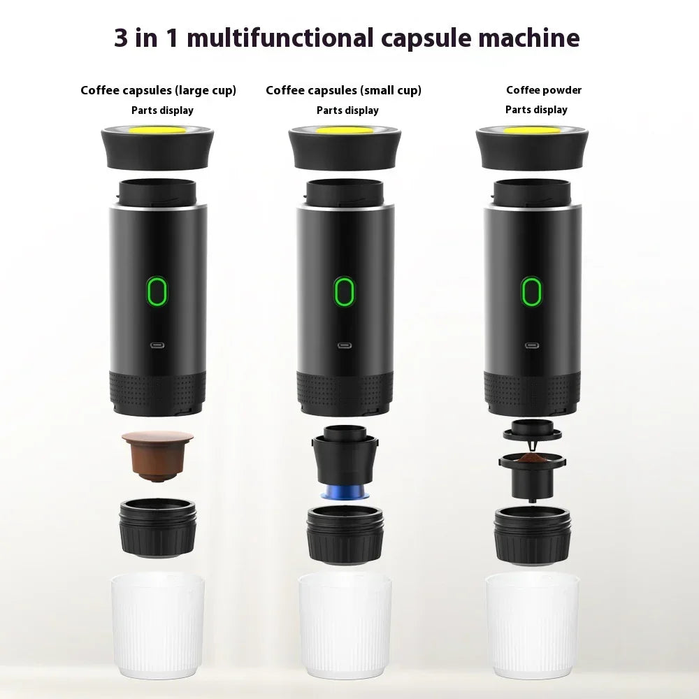 Three-in-one portable coffee capsule and espresso maker showing parts for large and small capsules and coffee powder.