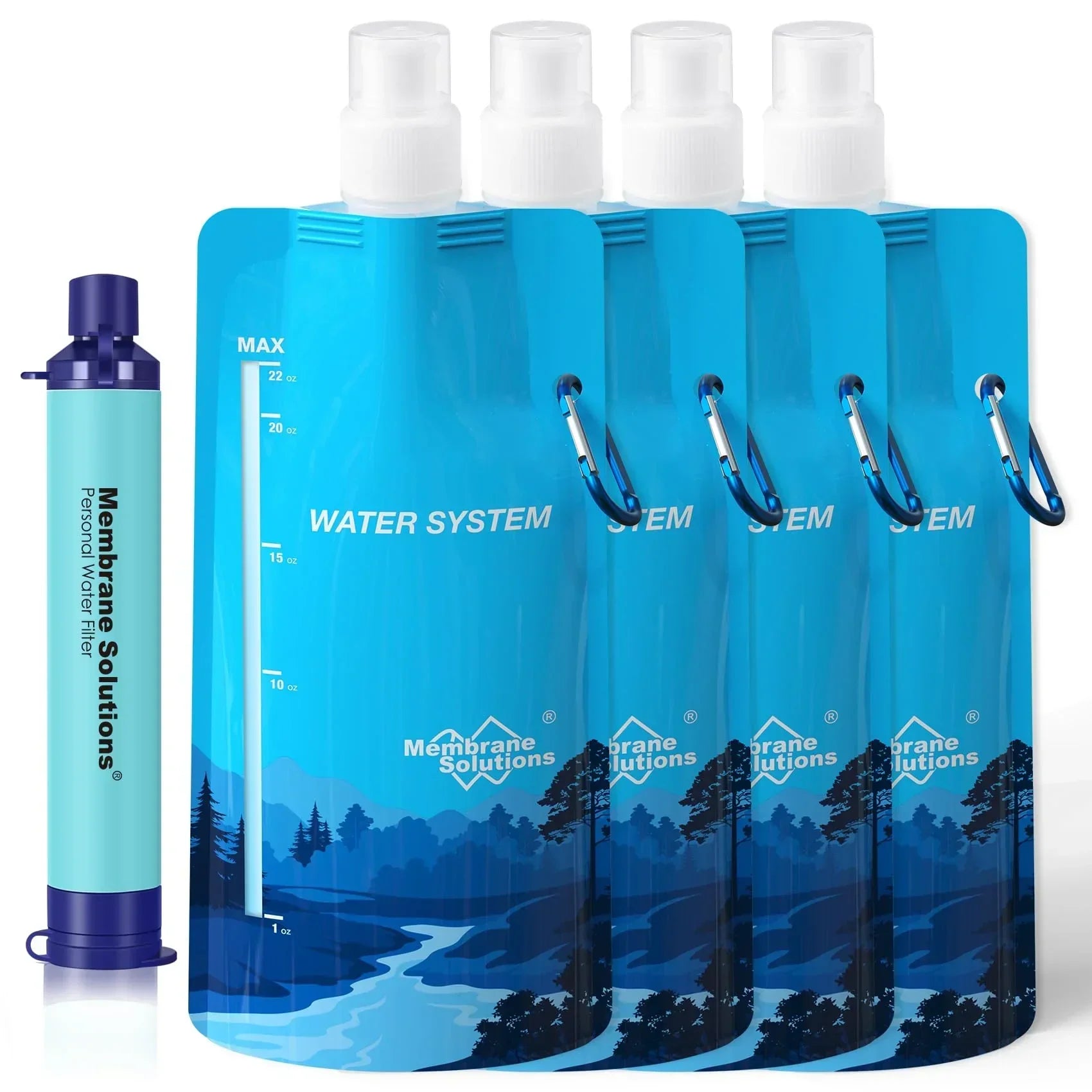 Portable water filter and four collapsible blue water pouches for outdoor travel.