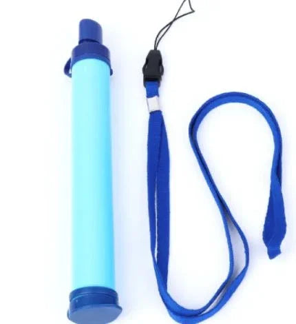 Portable blue water filter straw with detachable strap for travel and outdoor use