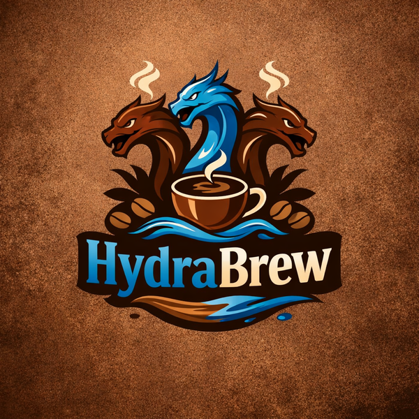 Hydra logo with three dragon heads, coffee cup, water and coffee elements, and steam