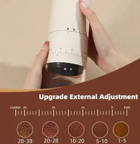 Hand adjusting portable coffee grinder with external grind size settings and coffee grounds texture scale.