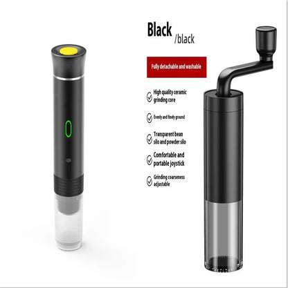 Black portable coffee grinder and espresso maker with ceramic core, transparent silo, and adjustable grind.