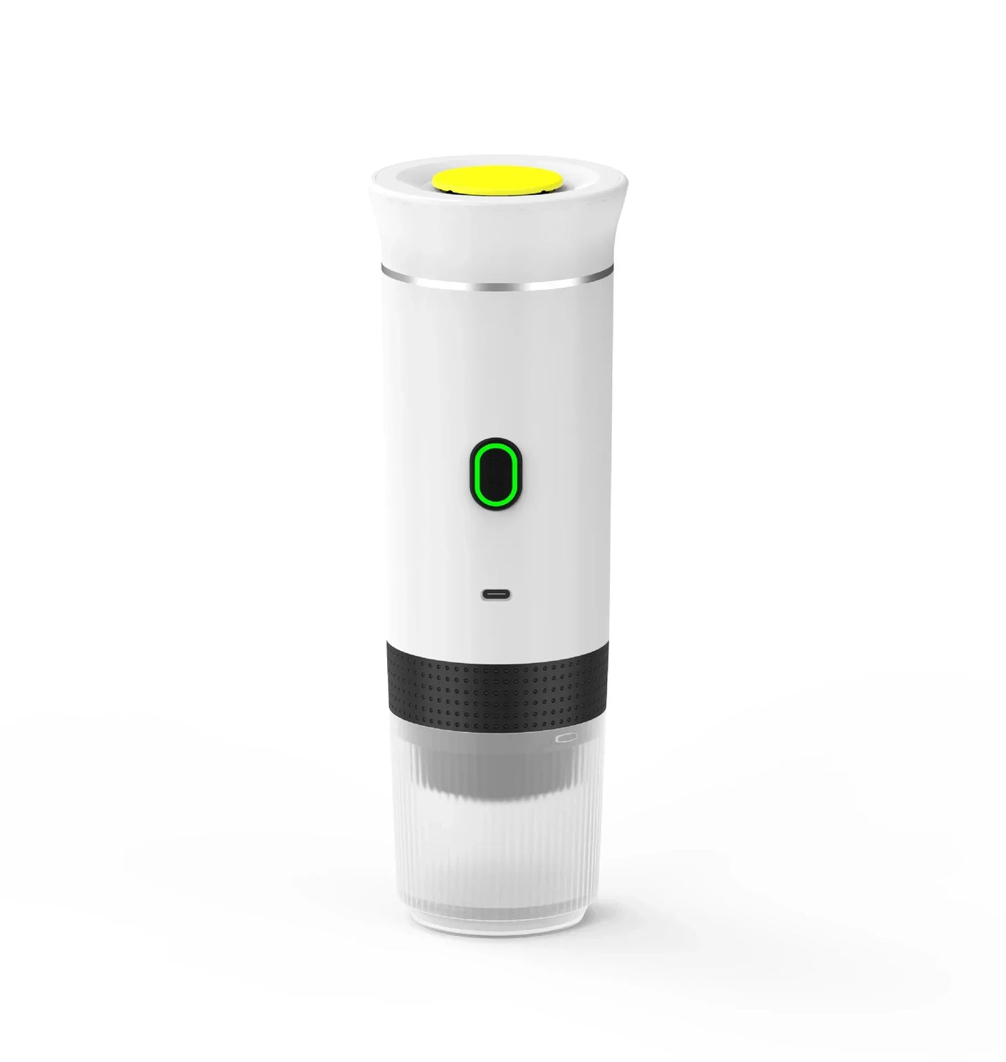 Portable espresso maker with white body, yellow top button, and black grip for travel coffee brewing