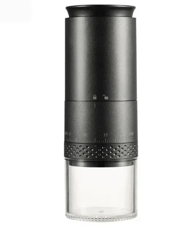 Portable manual coffee grinder with black top and clear bottom, travel coffee gear