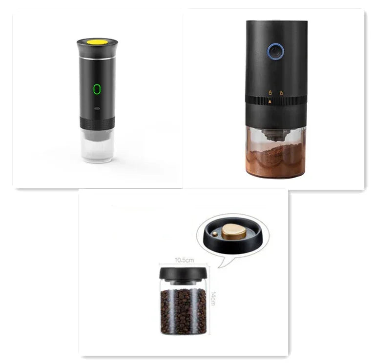 Portable espresso maker with coffee grinder and coffee bean storage jar, travel brewing kit
