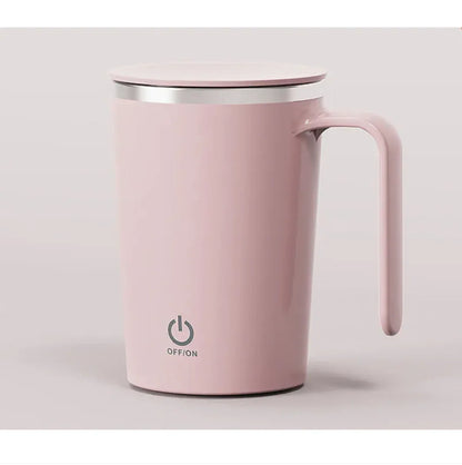 Pink portable electric coffee mug with lid and on-off button, minimalist design