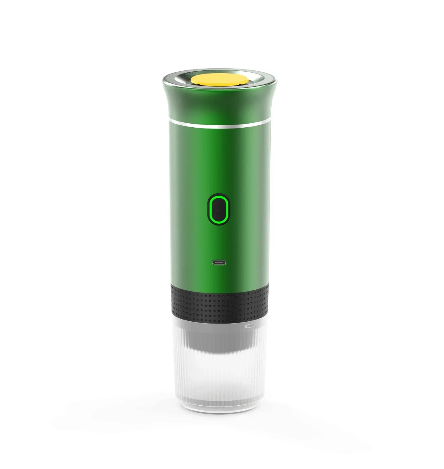 Green portable espresso maker with USB port and yellow button on white background