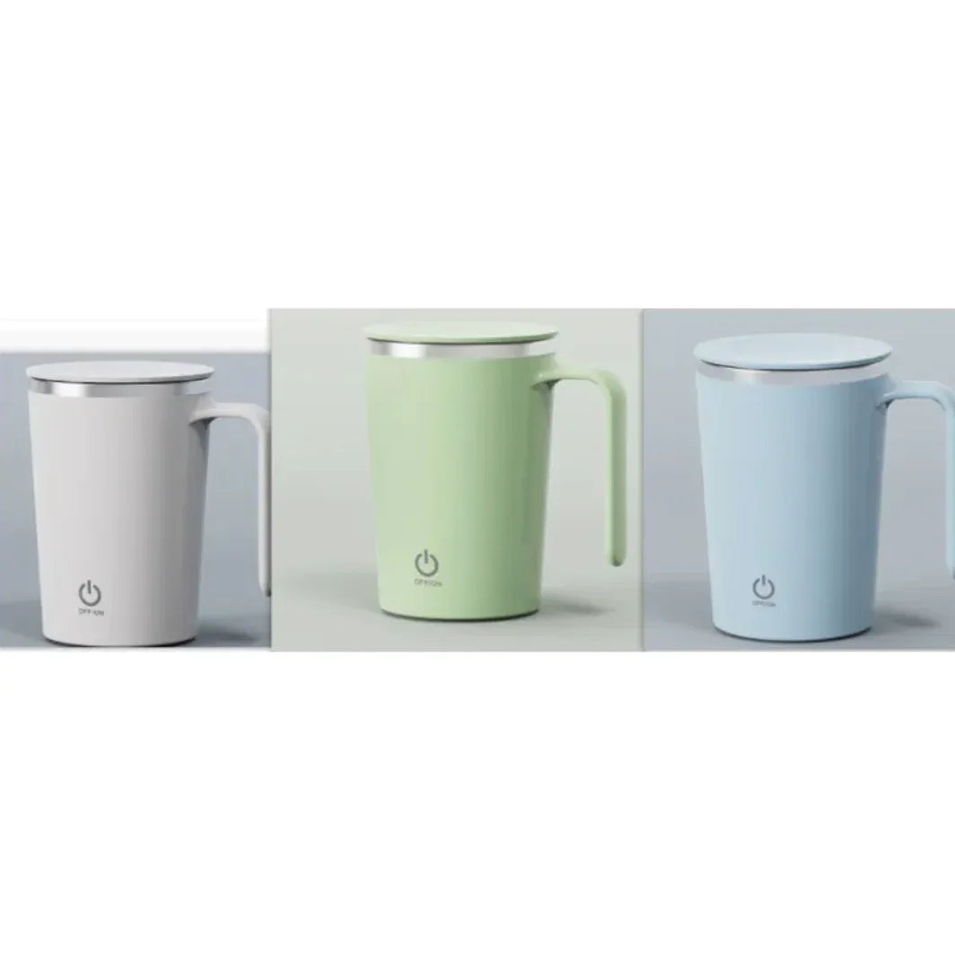 Three electric travel coffee mugs in gray, green, and blue with power button icons
