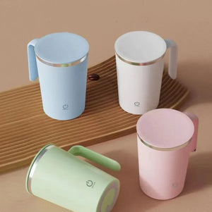 Four pastel travel mugs with handles, power icons, and silver lids on a beige surface
