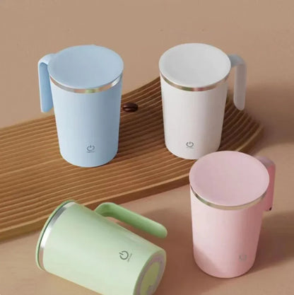 Four pastel travel mugs with handles, power icons, and silver lids on a beige surface