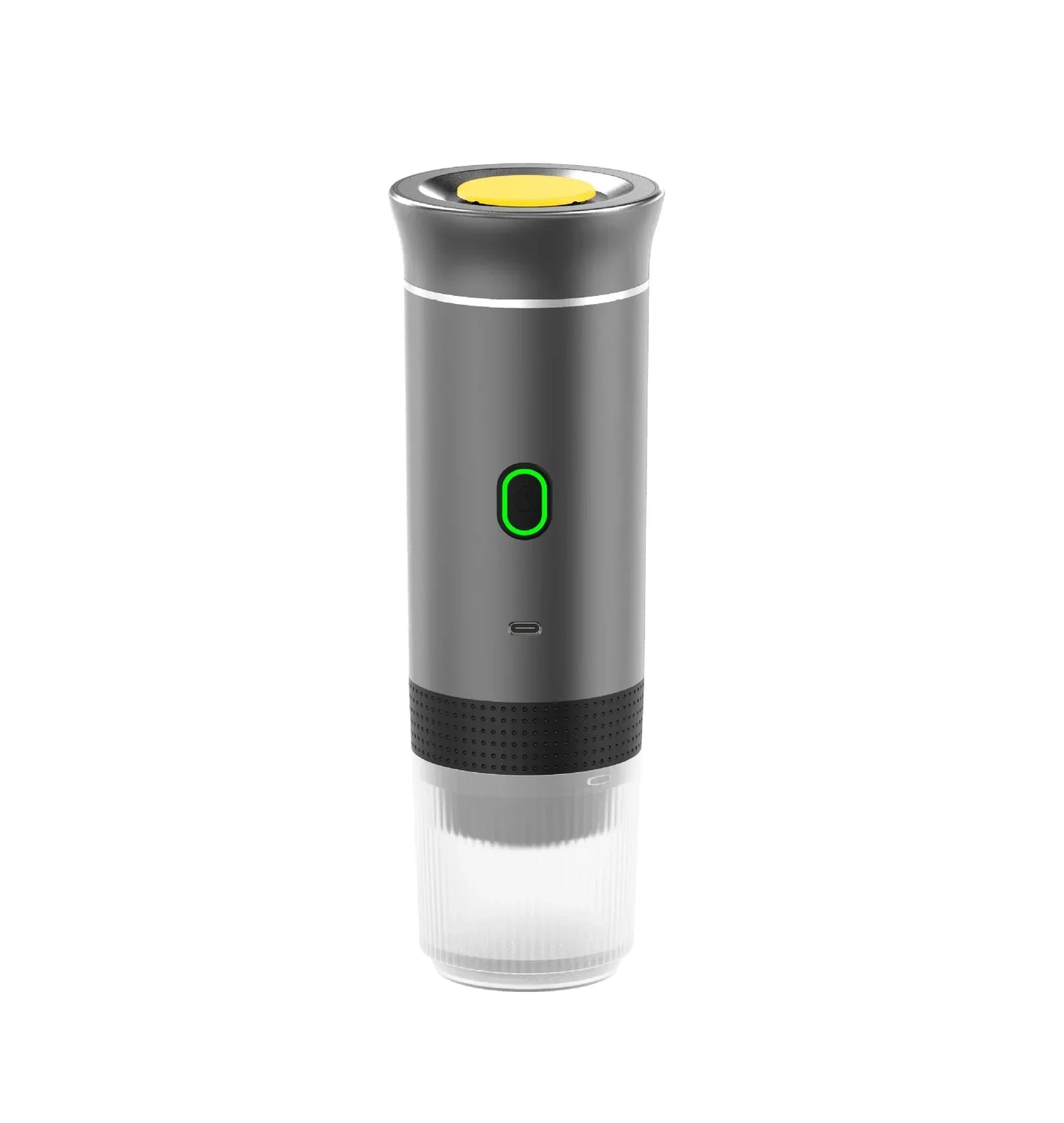 Portable espresso maker with black body, green power button, and clear bottom cup