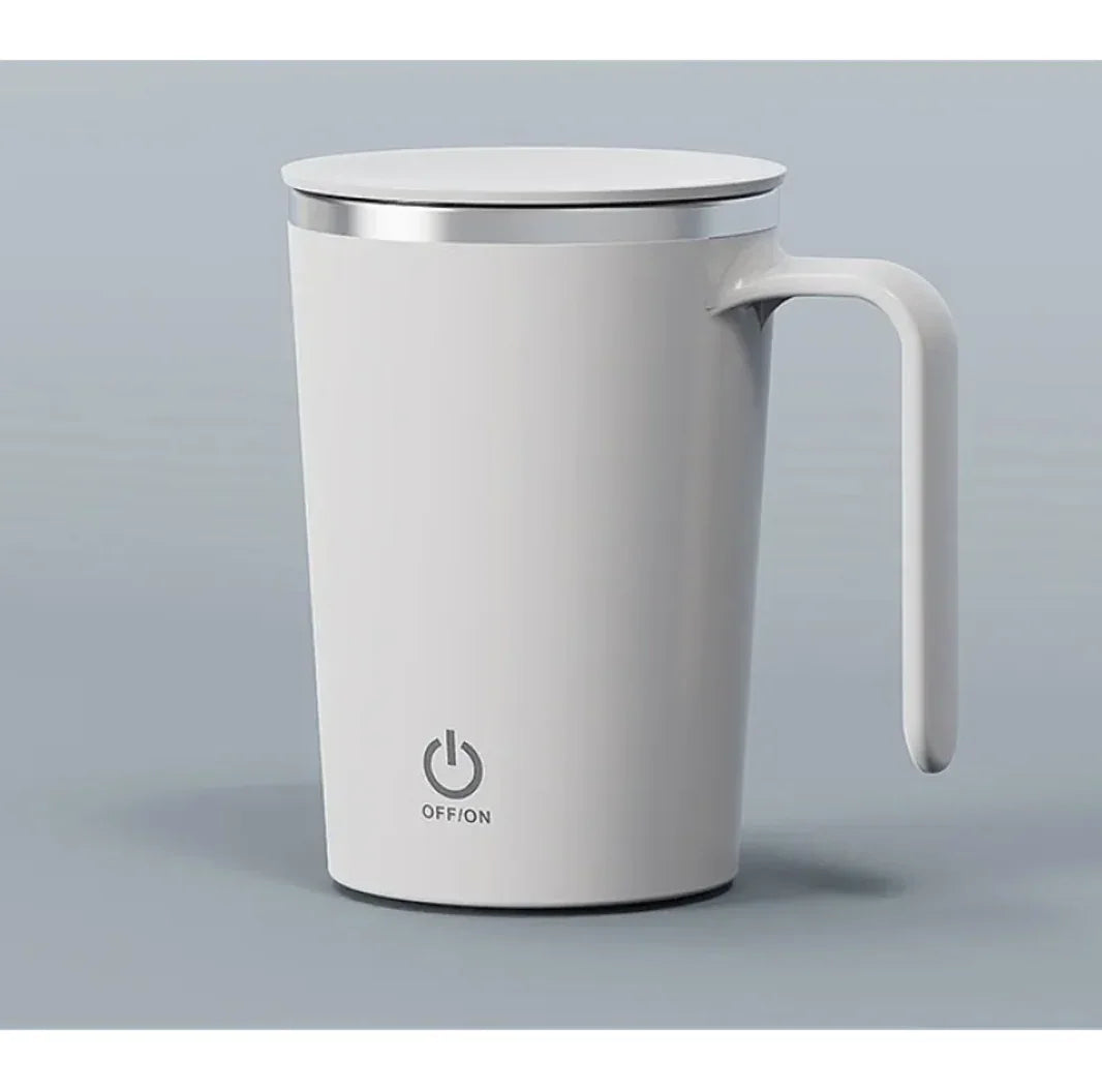 Sleek white electric coffee mug with handle and power button, portable travel brewer