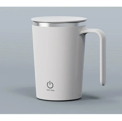Sleek white electric coffee mug with handle and power button, portable travel brewer
