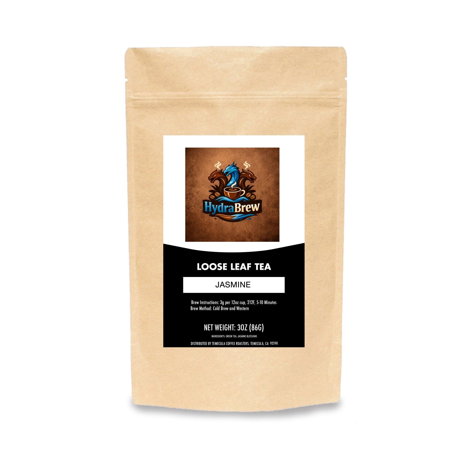 Kraft pouch of jasmine loose leaf tea with label and brewing instructions.