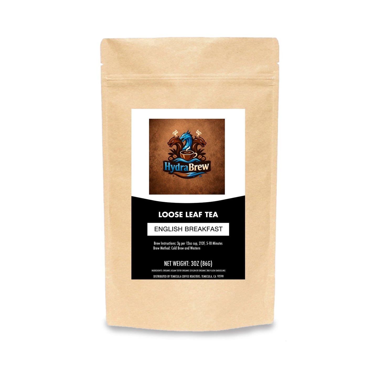 Kraft pouch of English Breakfast loose leaf tea with detailed product label