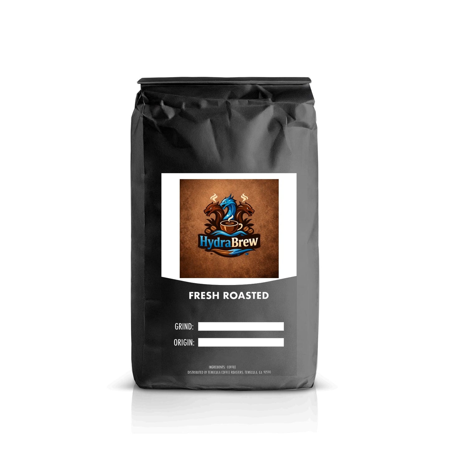 Black bag of fresh roasted coffee with HydraBrew logo and grind, origin fields on label